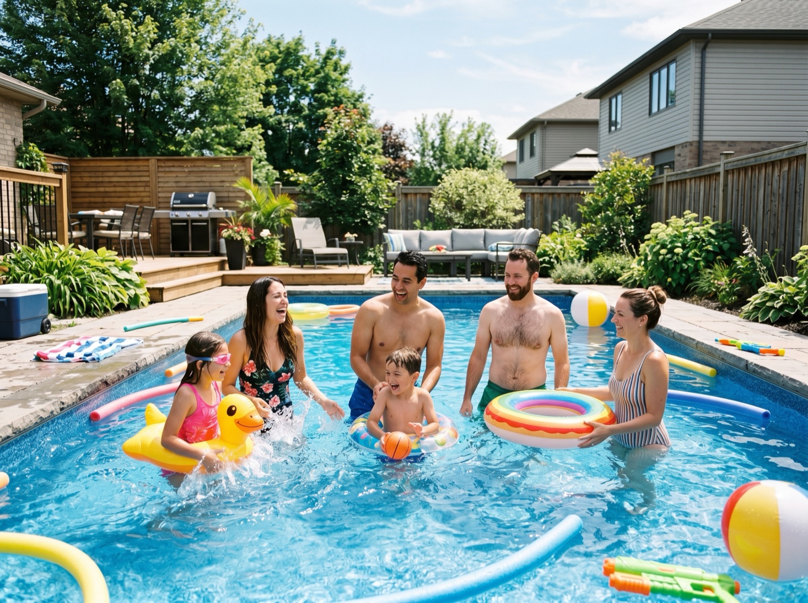 Family enjoying a backyard pool with floats and pool toys